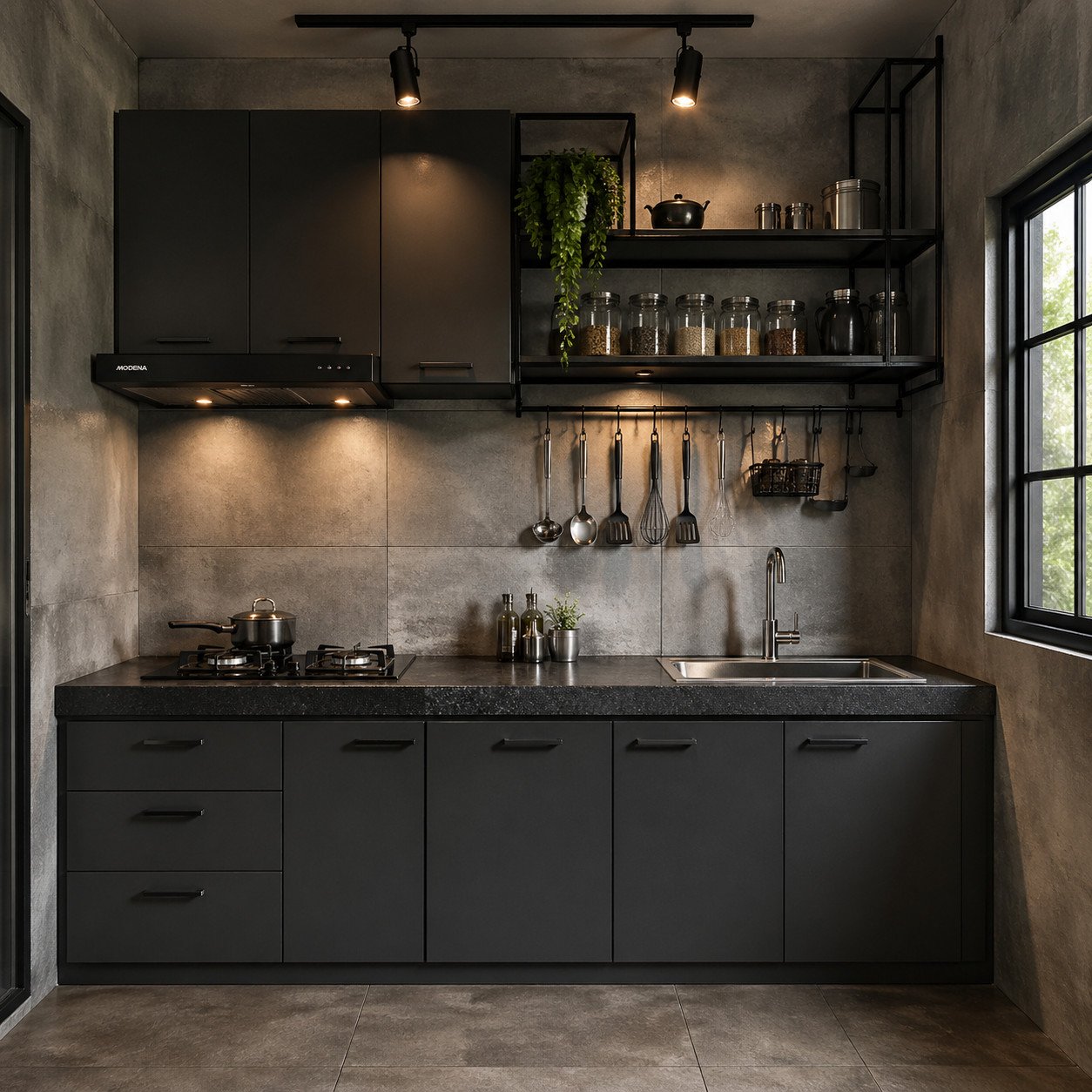 dapur industrial sederhana dengan tampilan kuat rapi dan mudah dirawat