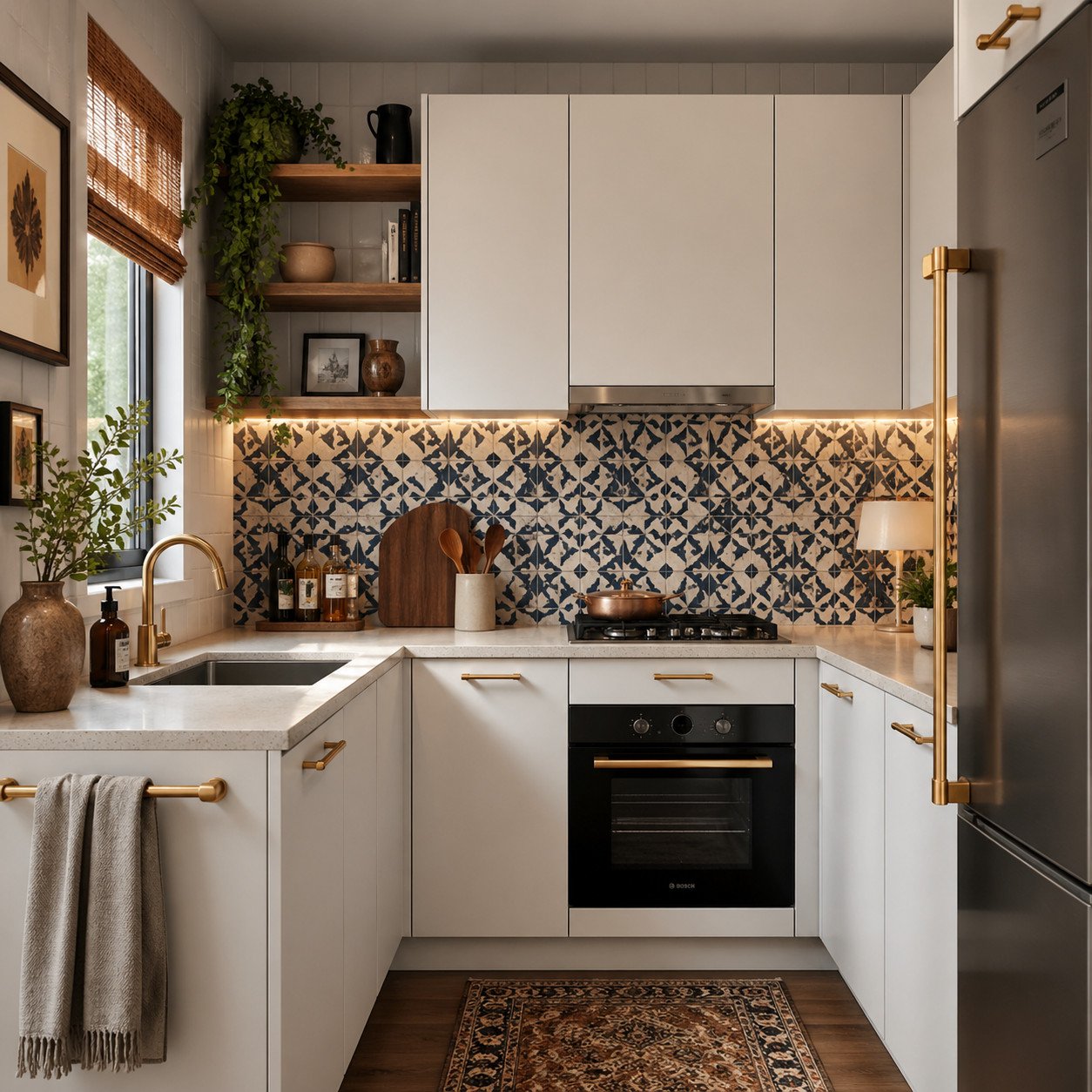 dapur kecil dengan kombinasi warna motif dan aksen gold yang unik dan berkarakter