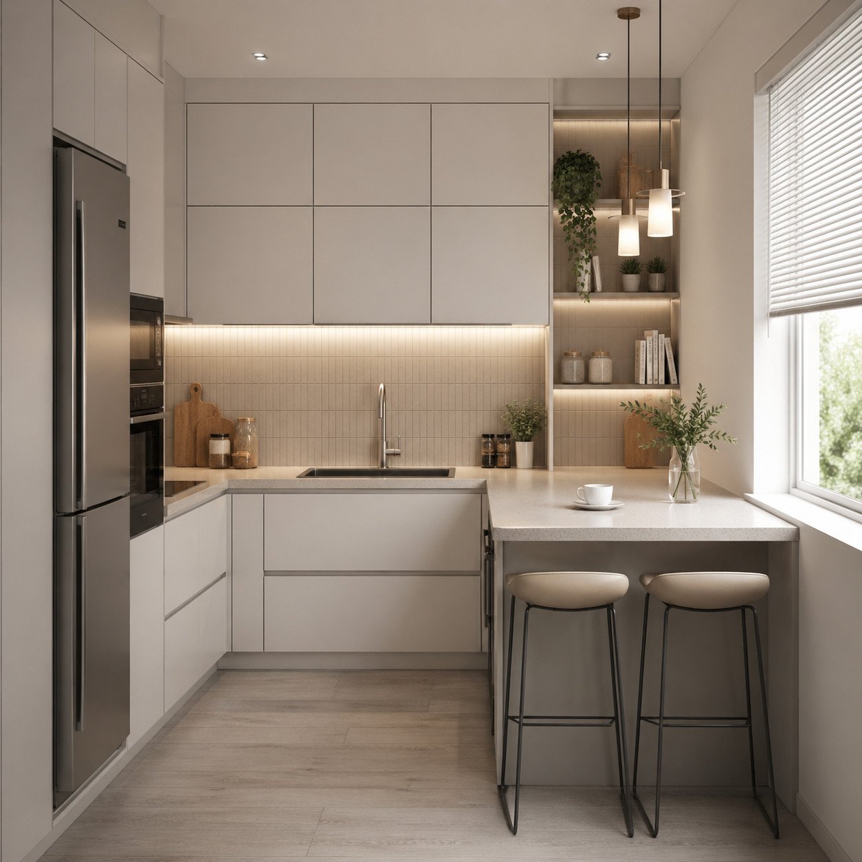dapur kecil dengan meja bar mini yang praktis untuk makan santai dan hemat ruang