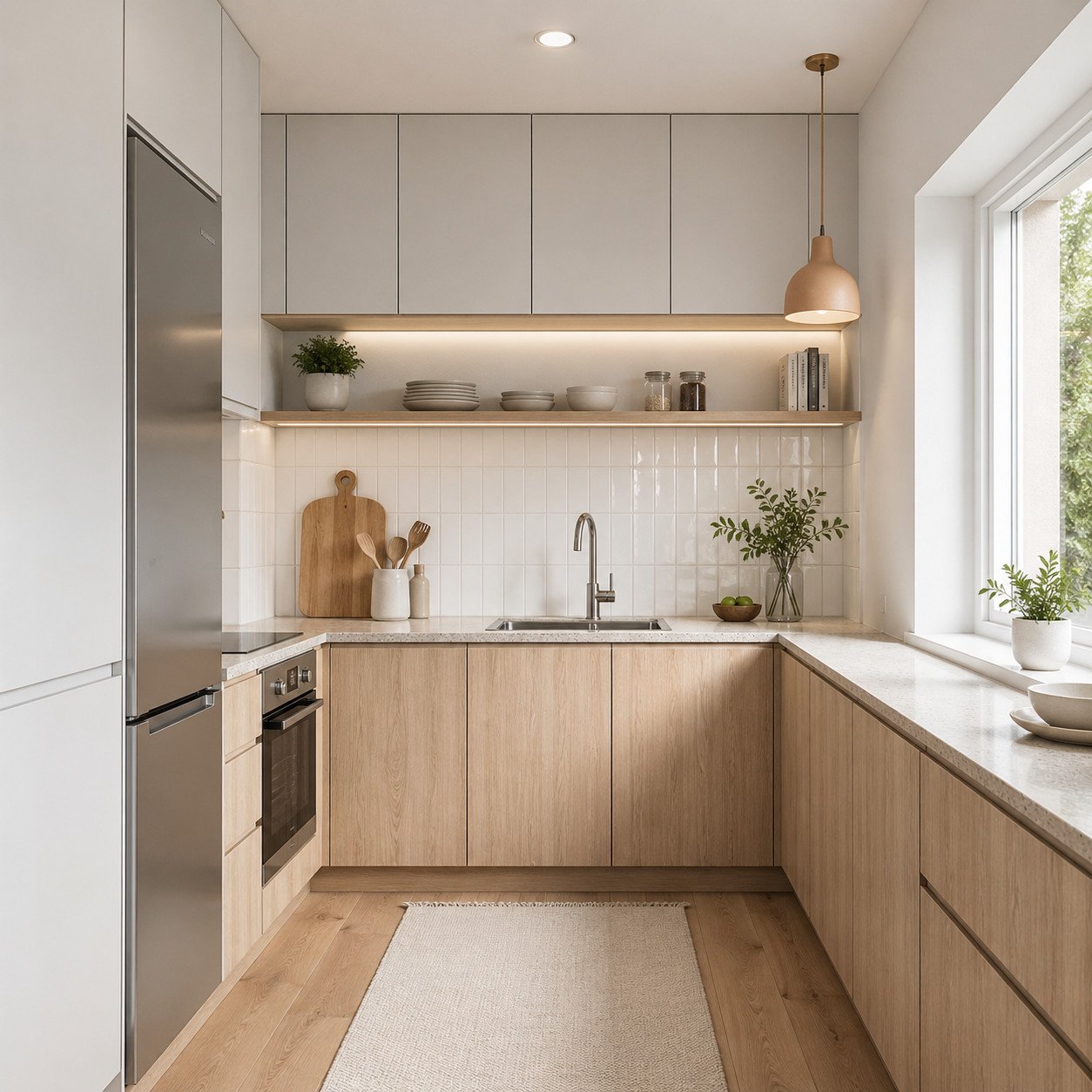 dapur sederhana dengan warna terang dan aksen kayu membuat ruang terasa lebih luas bersih dan nyaman