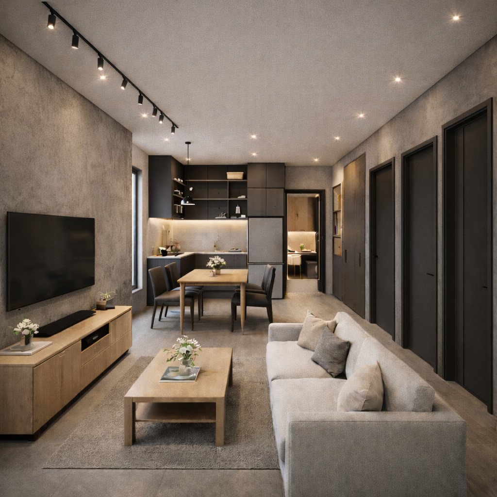 desain interior rumah minimalis industrial dengan karakter beton dan aksen gelap.