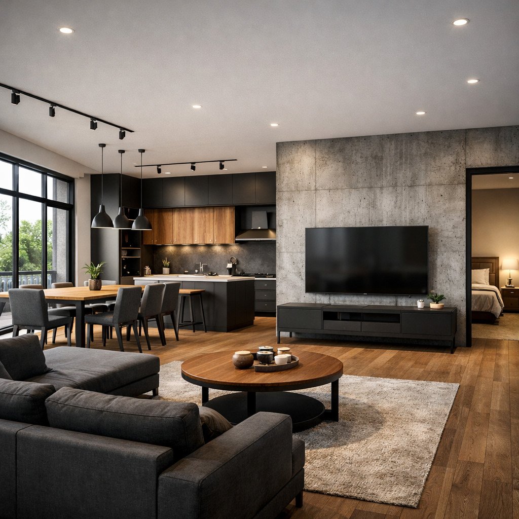 desain rumah 1 lantai industrial dengan karakter beton dan layout fungsional