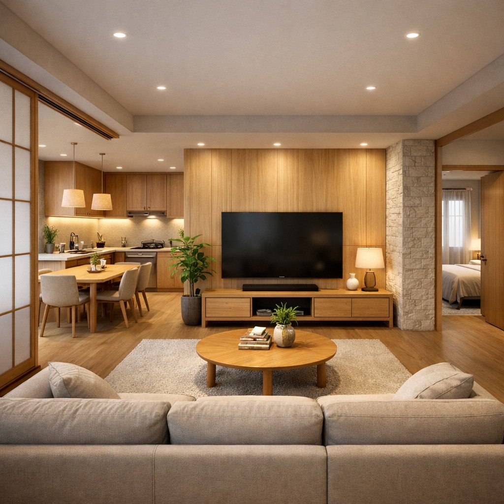 desain rumah 1 lantai minimalis modern elegan bergaya Japandi yang hangat