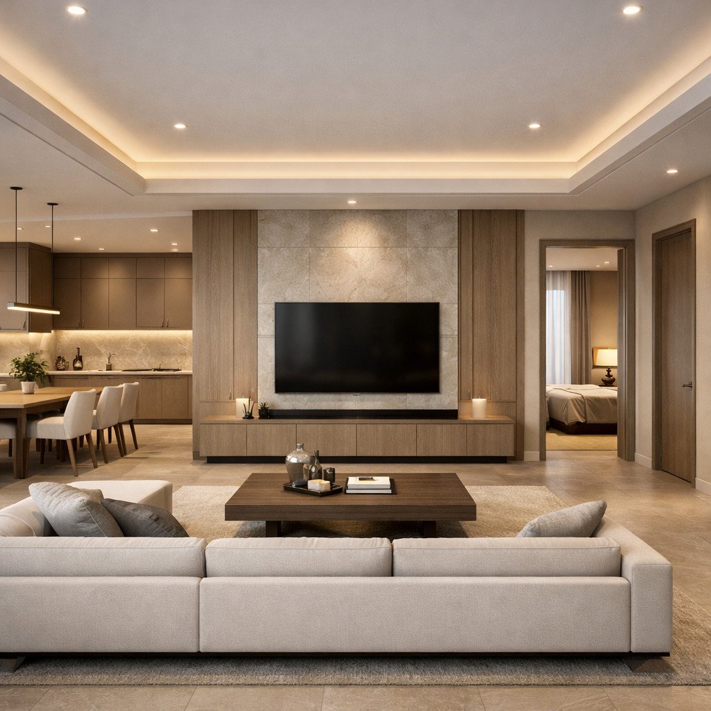 desain rumah 1 lantai minimalis modern elegan bergaya quiet luxury yang hangat dan presisi