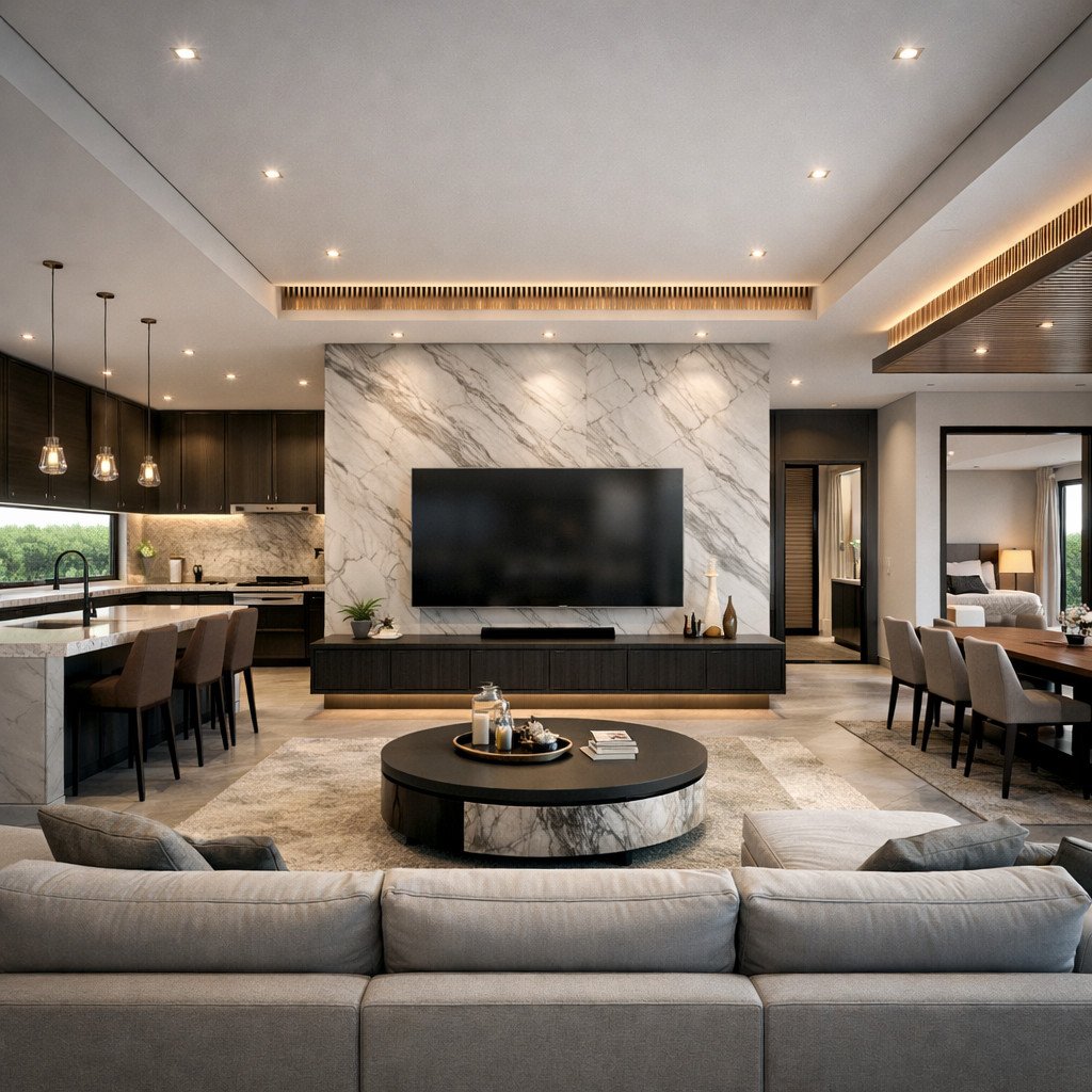 desain rumah 1 lantai minimalis modern elegan dengan kontras material mewah