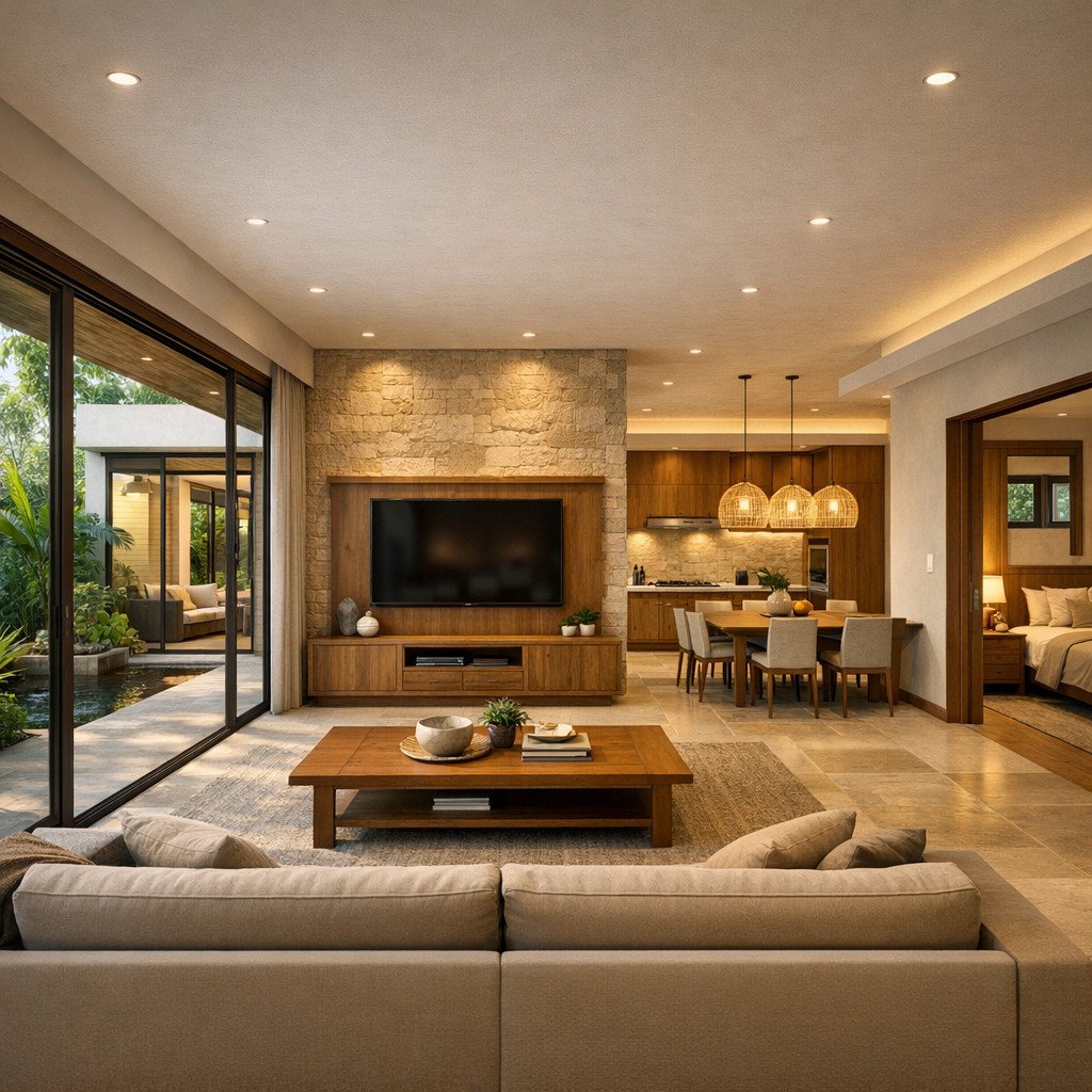 desain rumah 1 lantai minimalis modern elegan dengan nuansa tropis sejuk dan natural