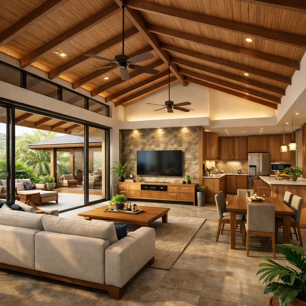 desain rumah 1 lantai tropical modern yang sejuk dan adaptif iklim