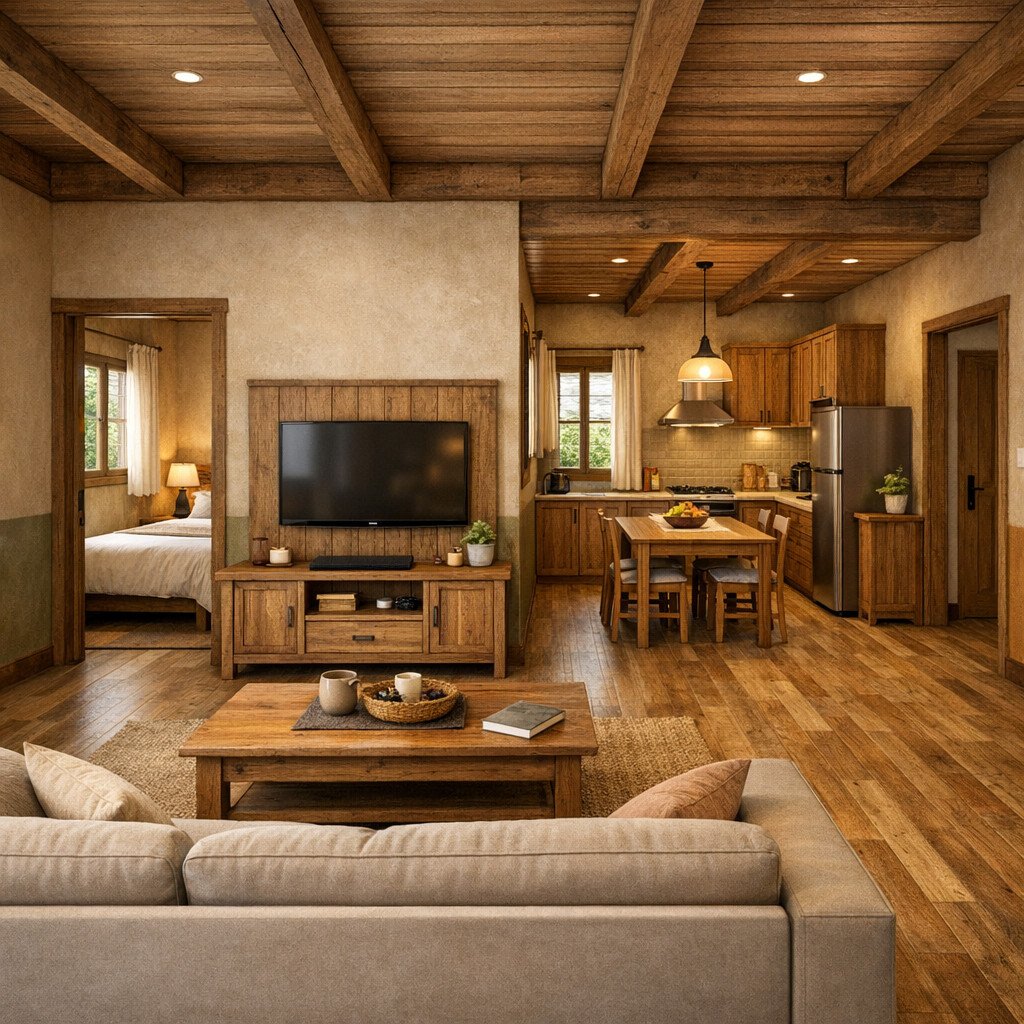 desain rumah 2 kamar di kampung bergaya rustic yang hangat dan nyaman