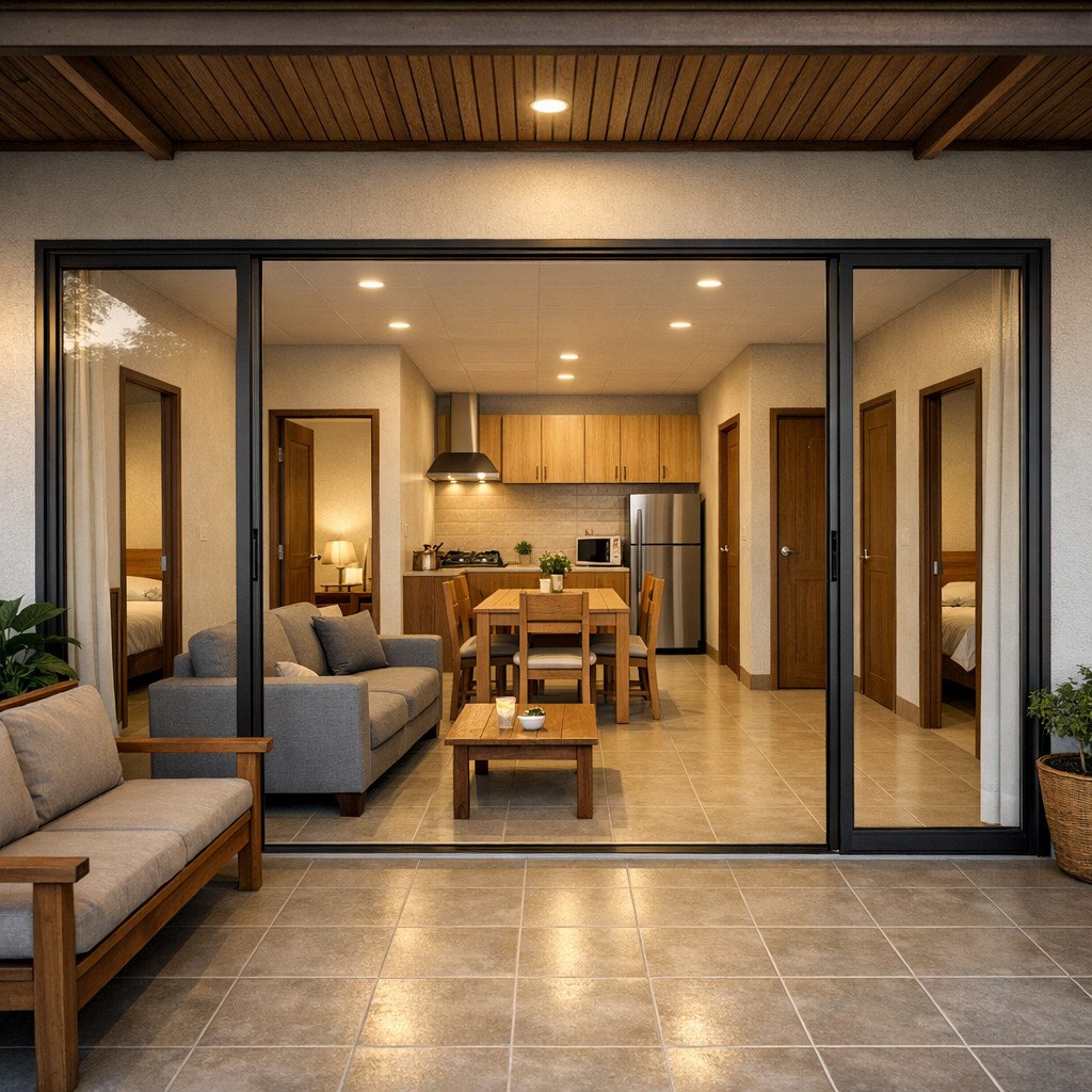 desain rumah 2 kamar di kampung dengan teras lebar yang nyaman dan fungsional