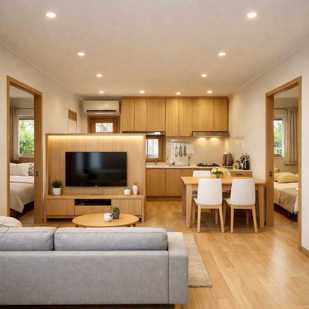 desain rumah 2 kamar di kampung gaya Scandinavian yang terang dan rapi