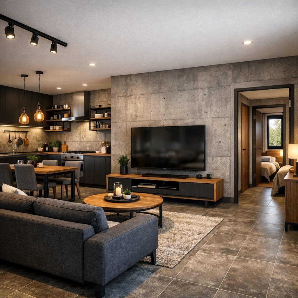 desain rumah 2 kamar di kampung industrial yang simpel dan berkarakter