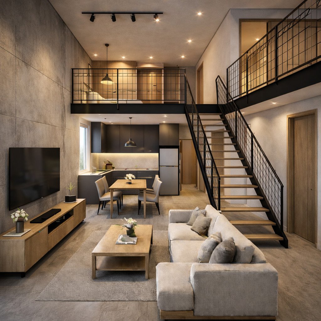 desain rumah 2 lantai industrial dengan beton ekspos dan karakter kuat