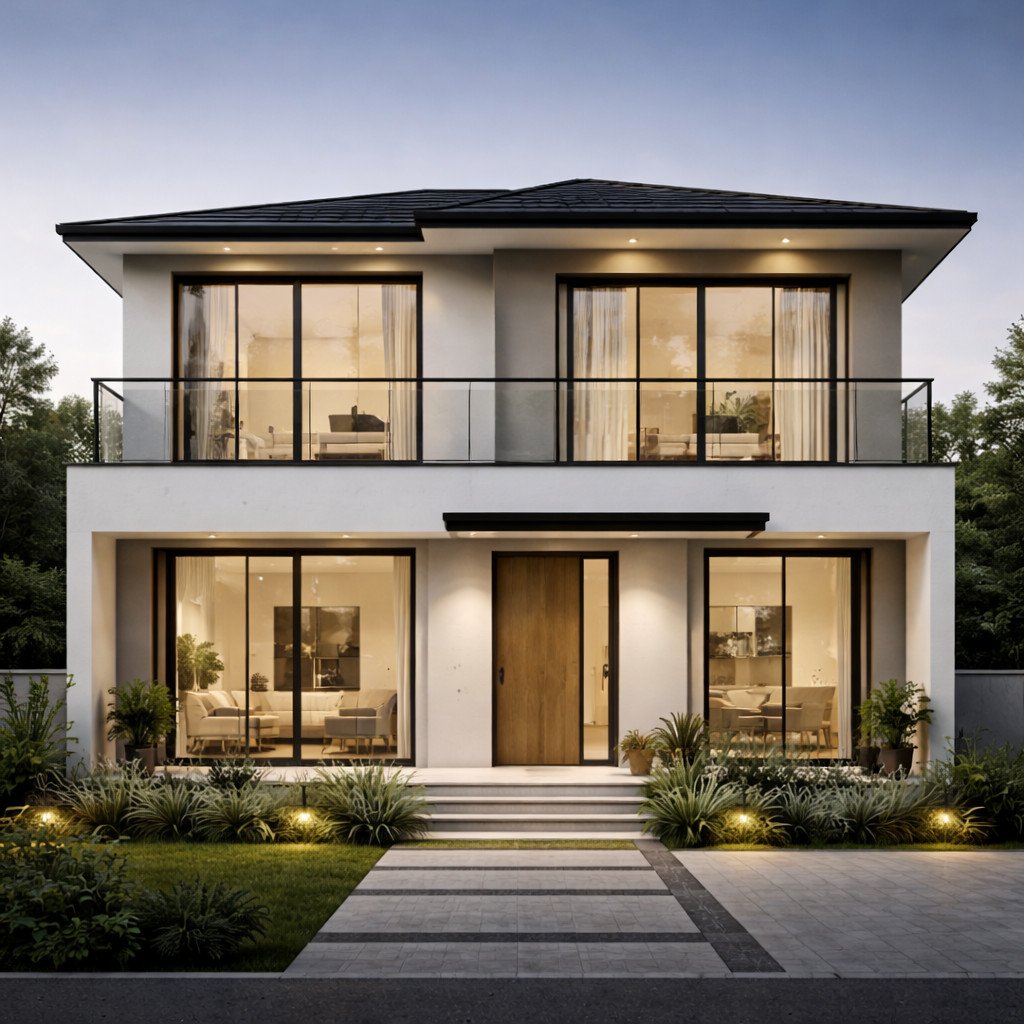 desain rumah 2 lantai minimalis modern elegan dengan fasad bersih dan proporsi seimbang