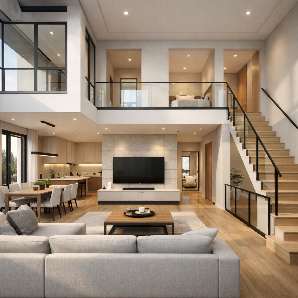 desain rumah 2 lantai minimalis modern elegan dengan komposisi proporsional