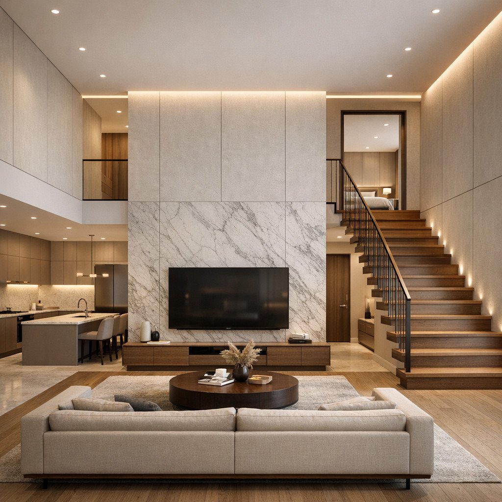 desain rumah 2 lantai minimalis modern elegan dengan konsep quiet luxury