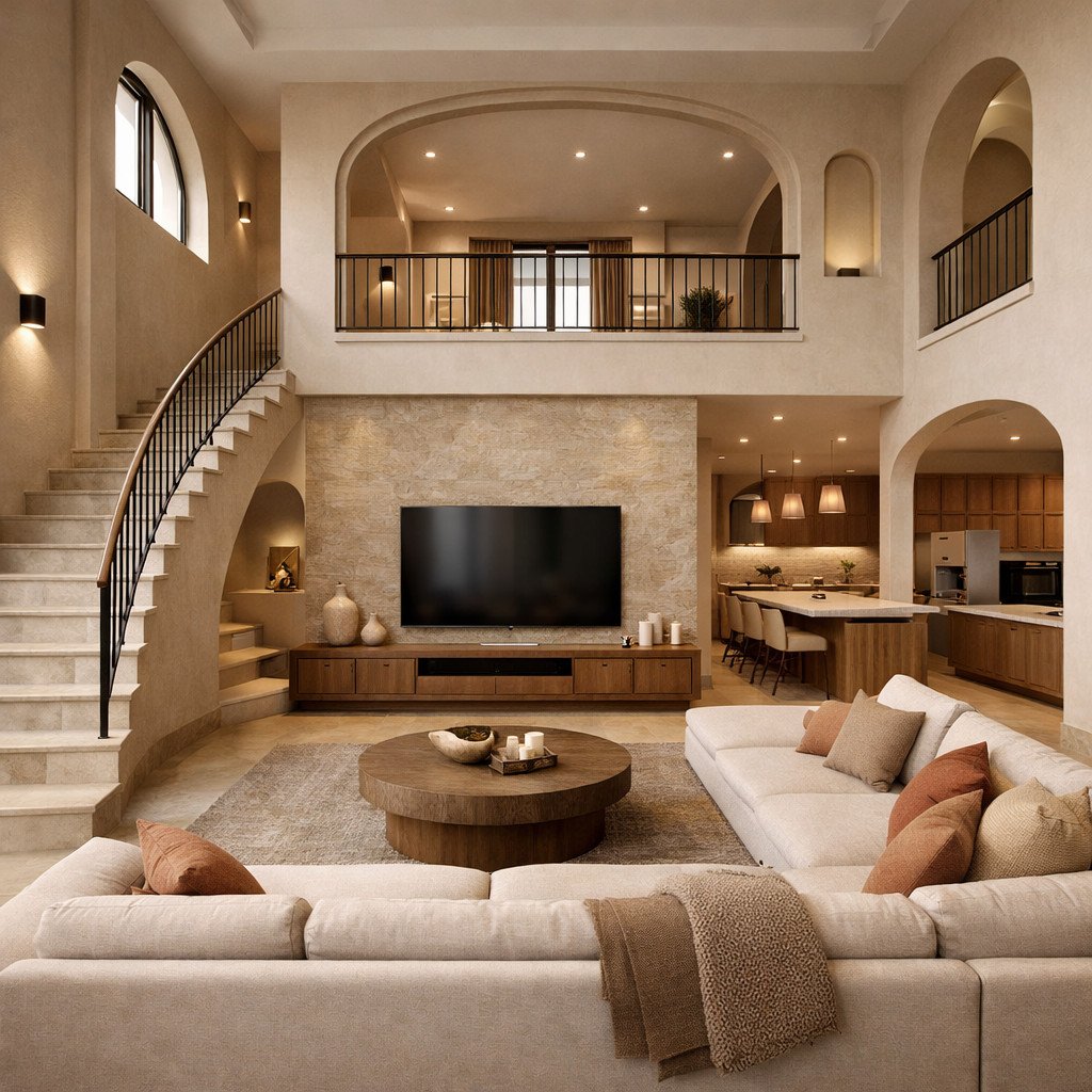 desain rumah 2 lantai minimalis modern elegan dengan sentuhan Arabic hangat