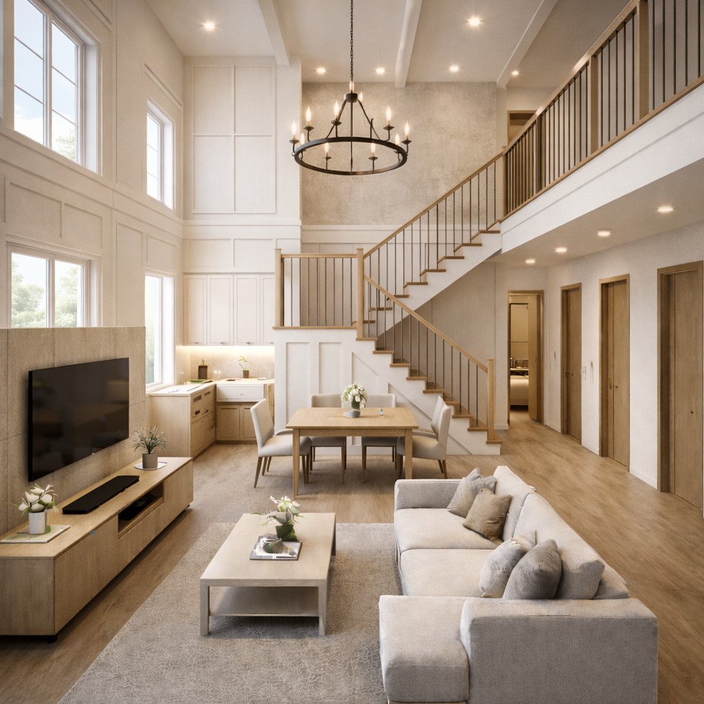 desain rumah 2 lantai modern farmhouse yang hangat dan nyaman untuk keluarga