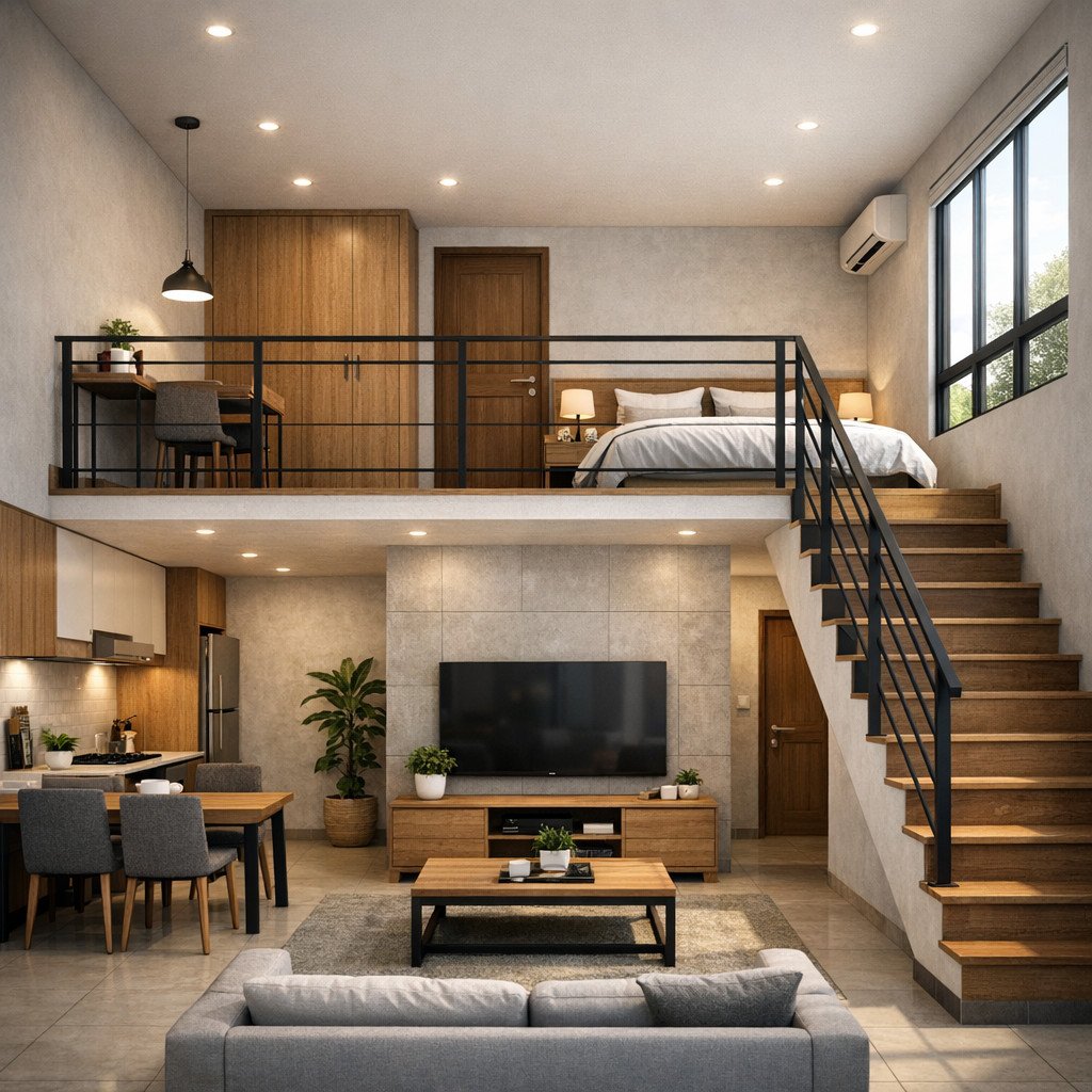 desain rumah 2 lantai sederhana dan biaya 100 juta dengan konsep mezzanine hemat ruang