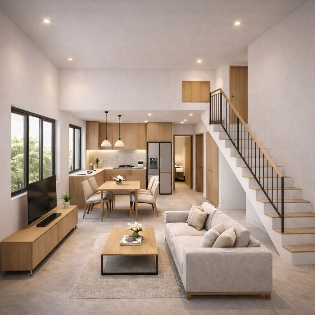 desain rumah 2 lantai sederhana dan biaya 100 juta gaya Scandinavian terang dan efisien