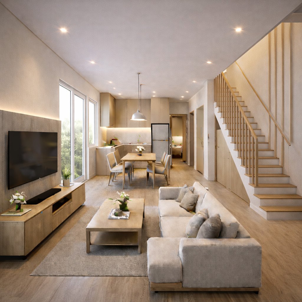 desain rumah 2 lantai sederhana dan biaya gaya Scandinavian terang dan hangat