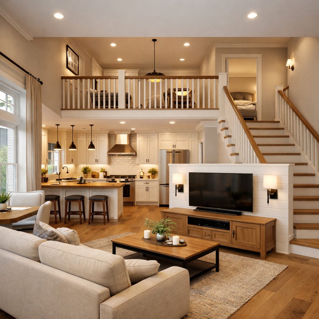 desain rumah 2 lantai sederhana dan biaya modern farmhouse yang hangat dan homey