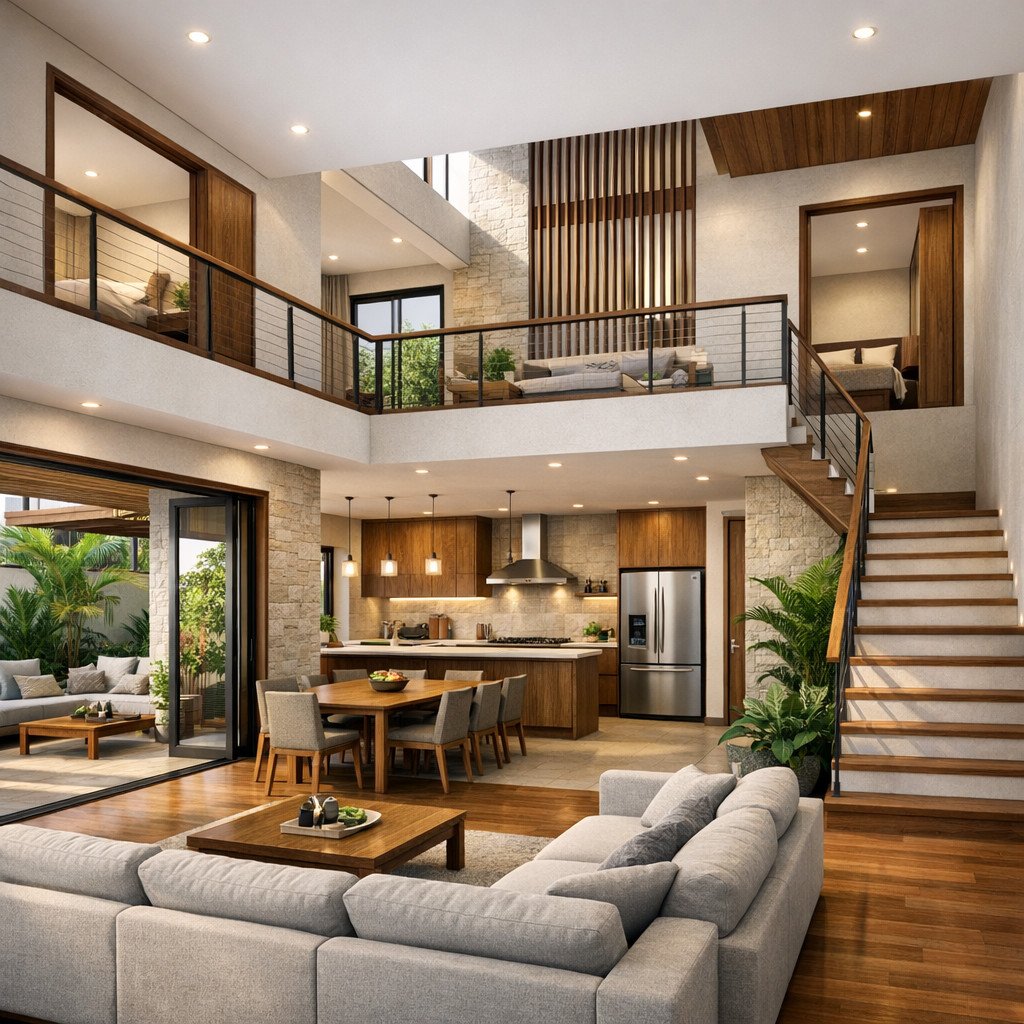 desain rumah 2 lantai sederhana dan biaya tropis modern yang sejuk dan fungsional