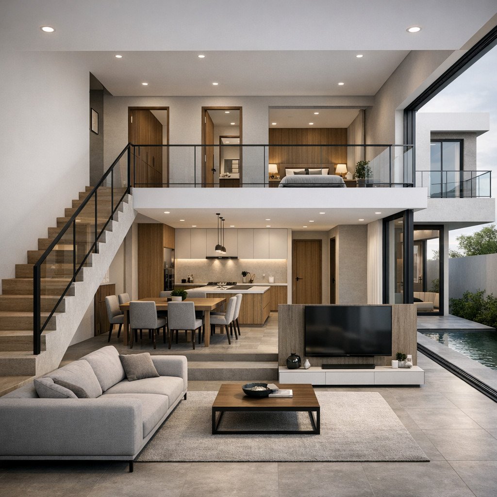 desain rumah 2 lantai terbaik modern minimalis yang bersih dan proporsional