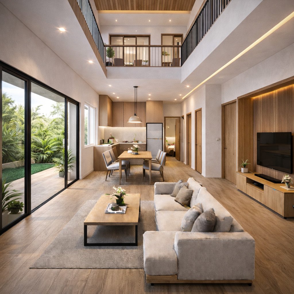 desain rumah 2 lantai terbaik tropis modern dengan balkon lebar dan ventilasi alami