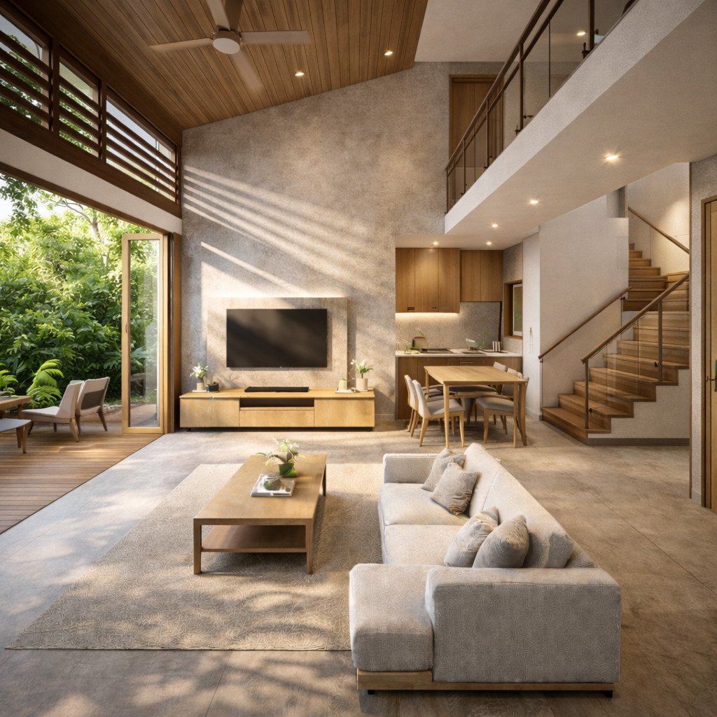 desain rumah 2 lantai tropical modern dengan bukaan besar dan ventilasi silang alami