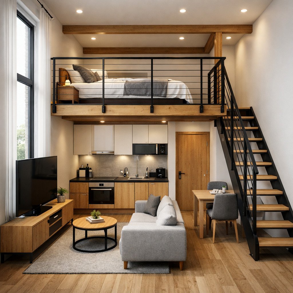 desain rumah 4x6 loft compact yang memaksimalkan tinggi ruang secara fungsional