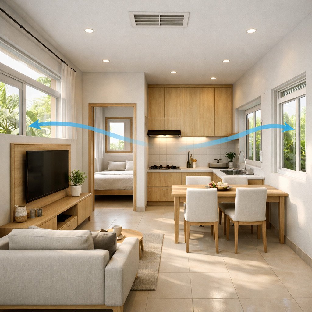 desain rumah 4x6 minimalis tropis dengan ventilasi maksimal dan layout fungsional