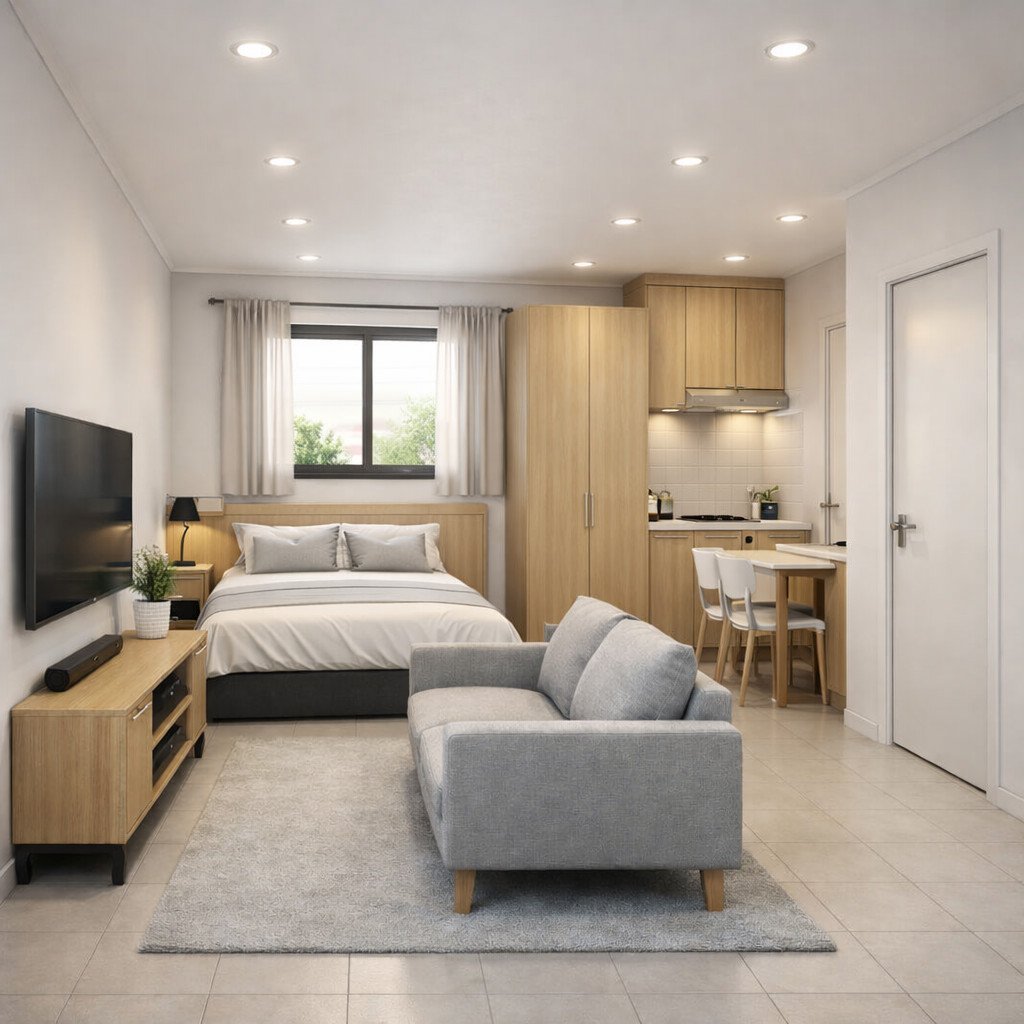 desain rumah 4x6 studio minimalis yang ringkas, terang, dan multifungsi