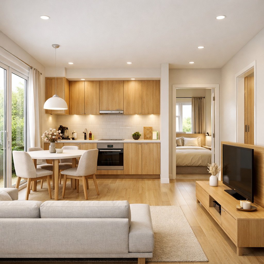 desain rumah 5x7 Scandinavian bright yang terasa hangat dan tidak sempit