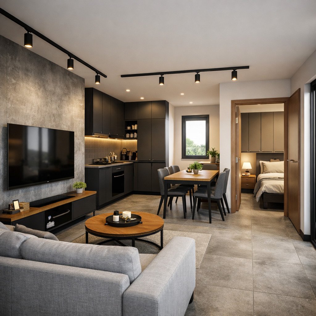 desain rumah 5x7 industrial dengan karakter kuat dan layout fungsional