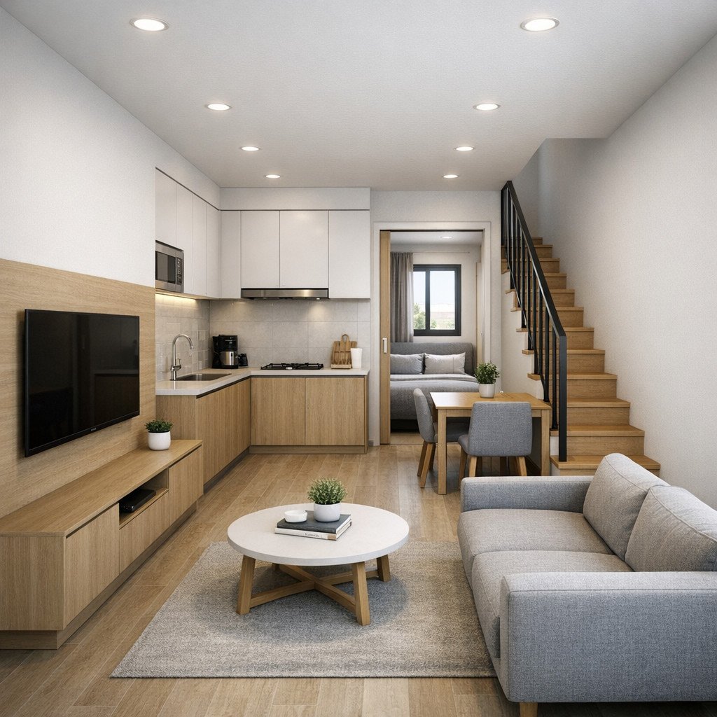 desain rumah 5x7 minimalis compact yang bersih dan fungsional