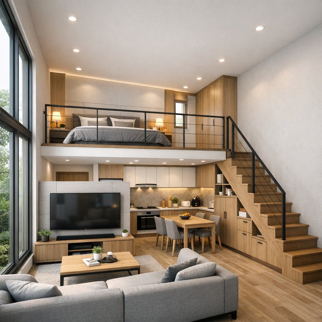 desain rumah 5x7 modern loft yang maksimalkan ruang vertikal secara cerdas