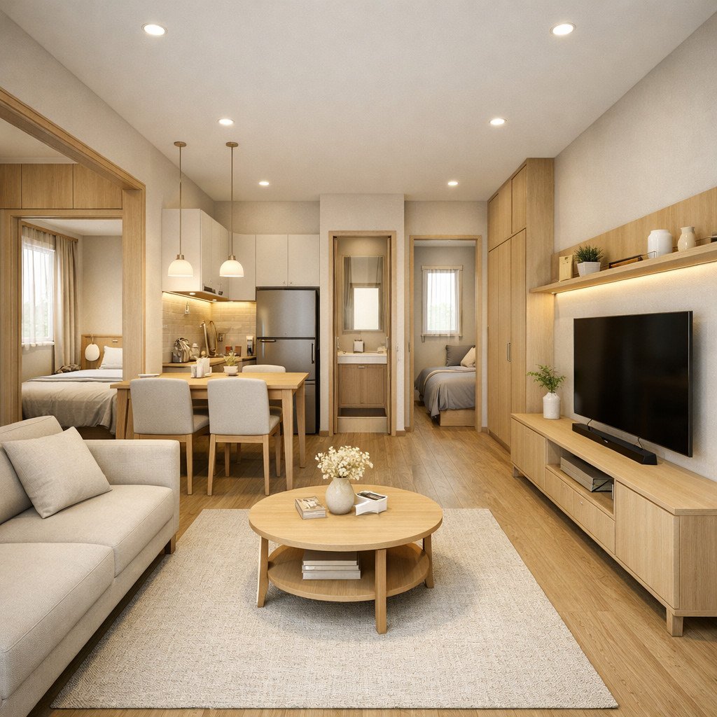 desain rumah 6x10 2 kamar Japandi yang tenang, rapi, dan efisien