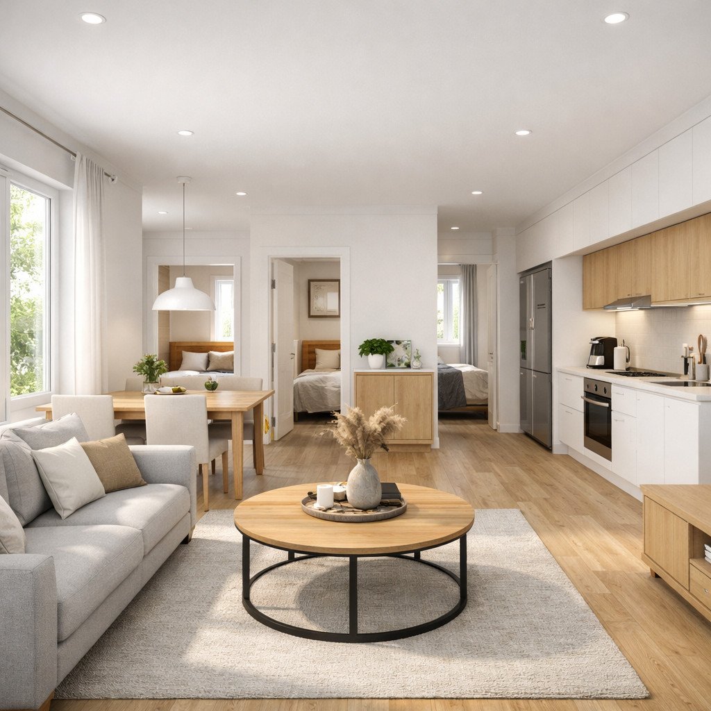 desain rumah 6x10 2 kamar dengan konsep terang dan open plan lapang