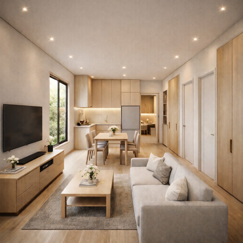 desain rumah 6x10 3 kamar Japandi Zen yang tenang dan nyaman untuk reset