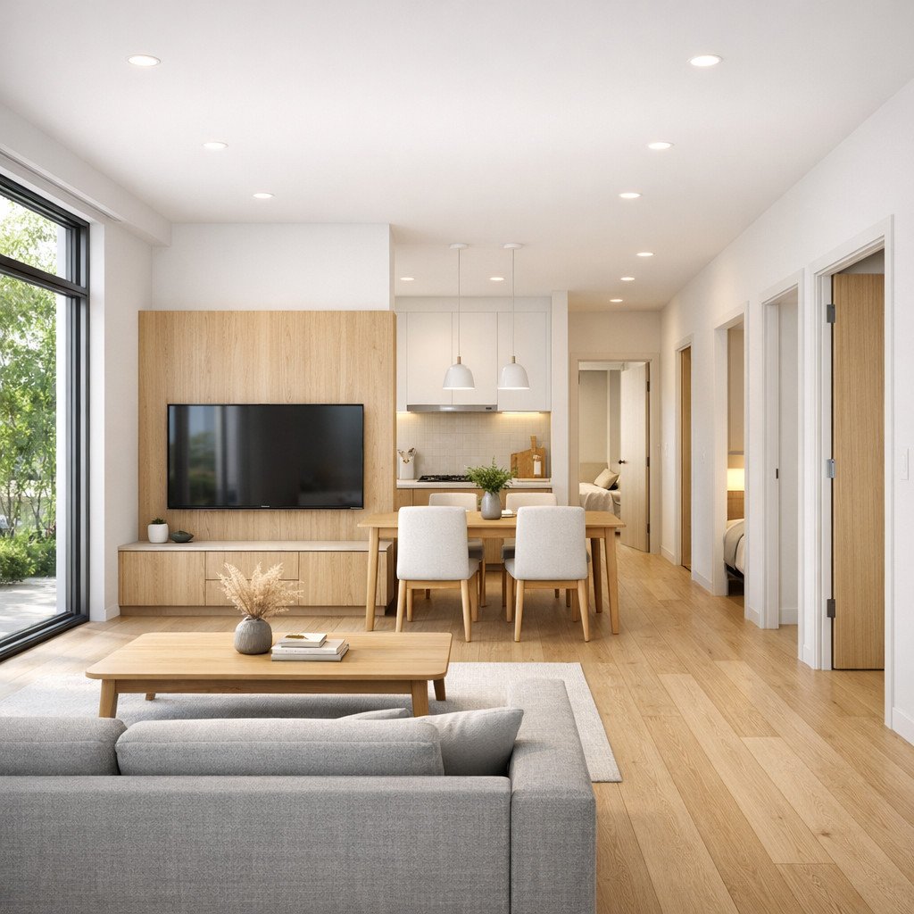 desain rumah 6x10 3 kamar Scandinavian yang terang, ringan, dan terasa lapang