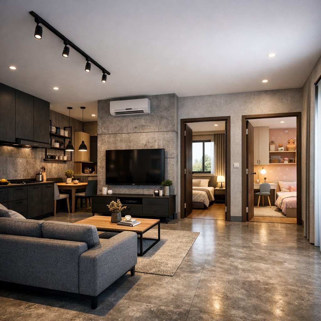 desain rumah 6x10 3 kamar industrial tegas dengan kids room yang ceria