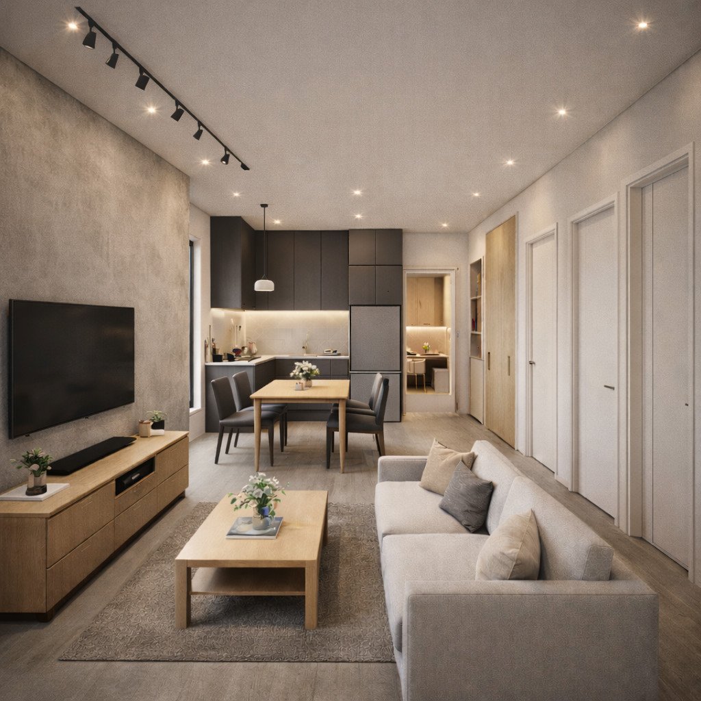 desain rumah 6x10 3 kamar industrial tegas depan, kids room ceria di dalam