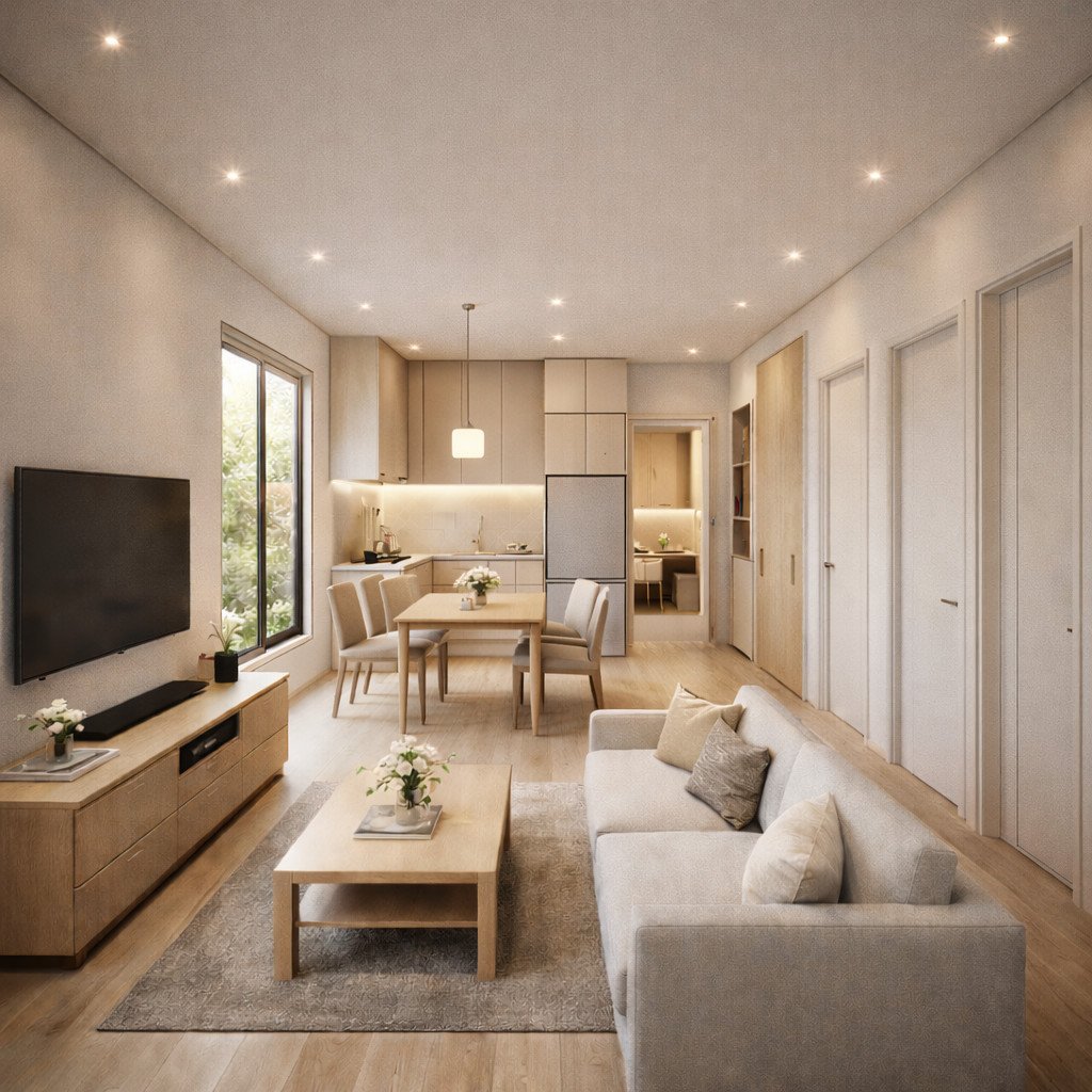 desain rumah 6x10 3 kamar transitional yang hangat, fleksibel, dan mudah berkembang