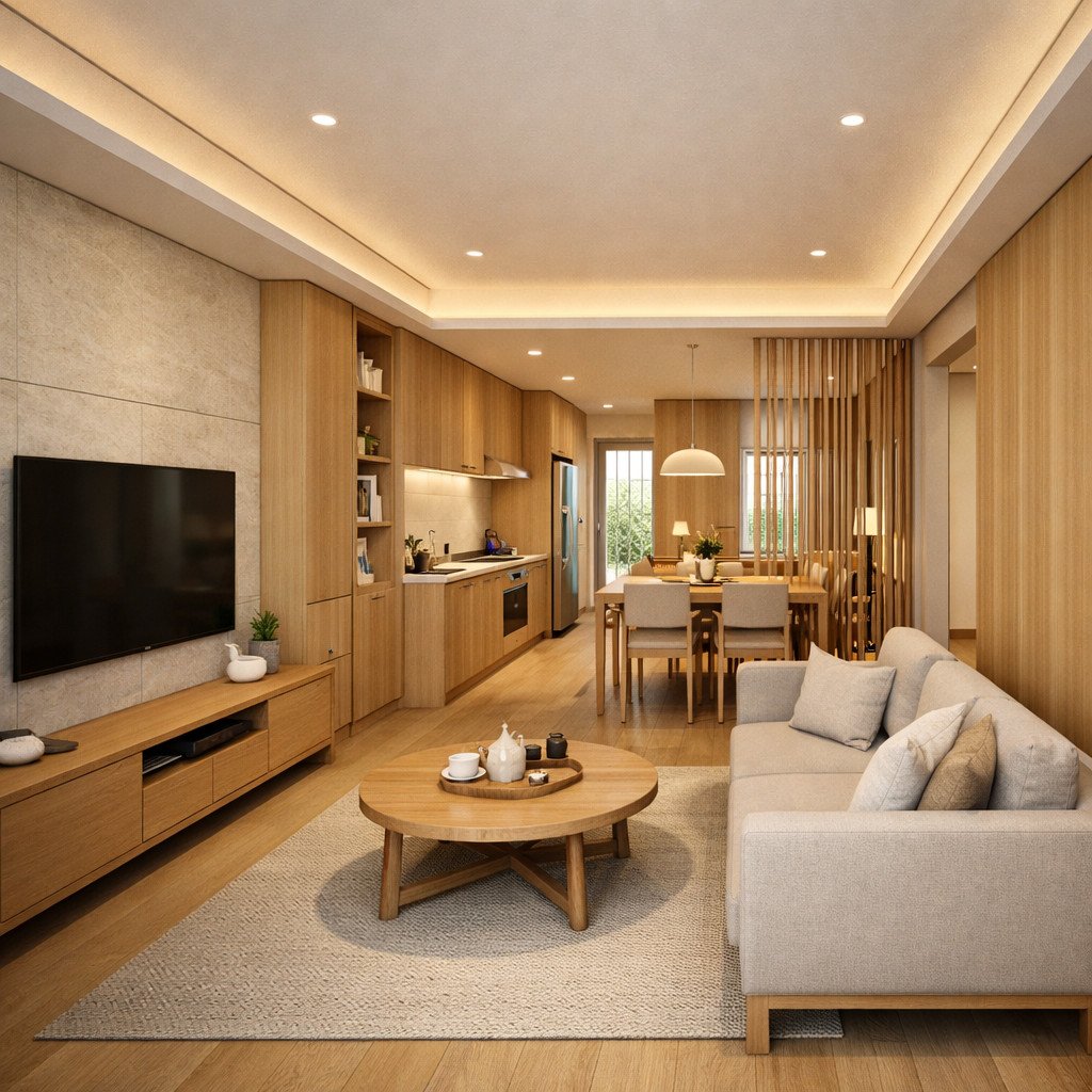 desain rumah 6x10 memanjang Japandi yang memecah efek lorong secara elegan