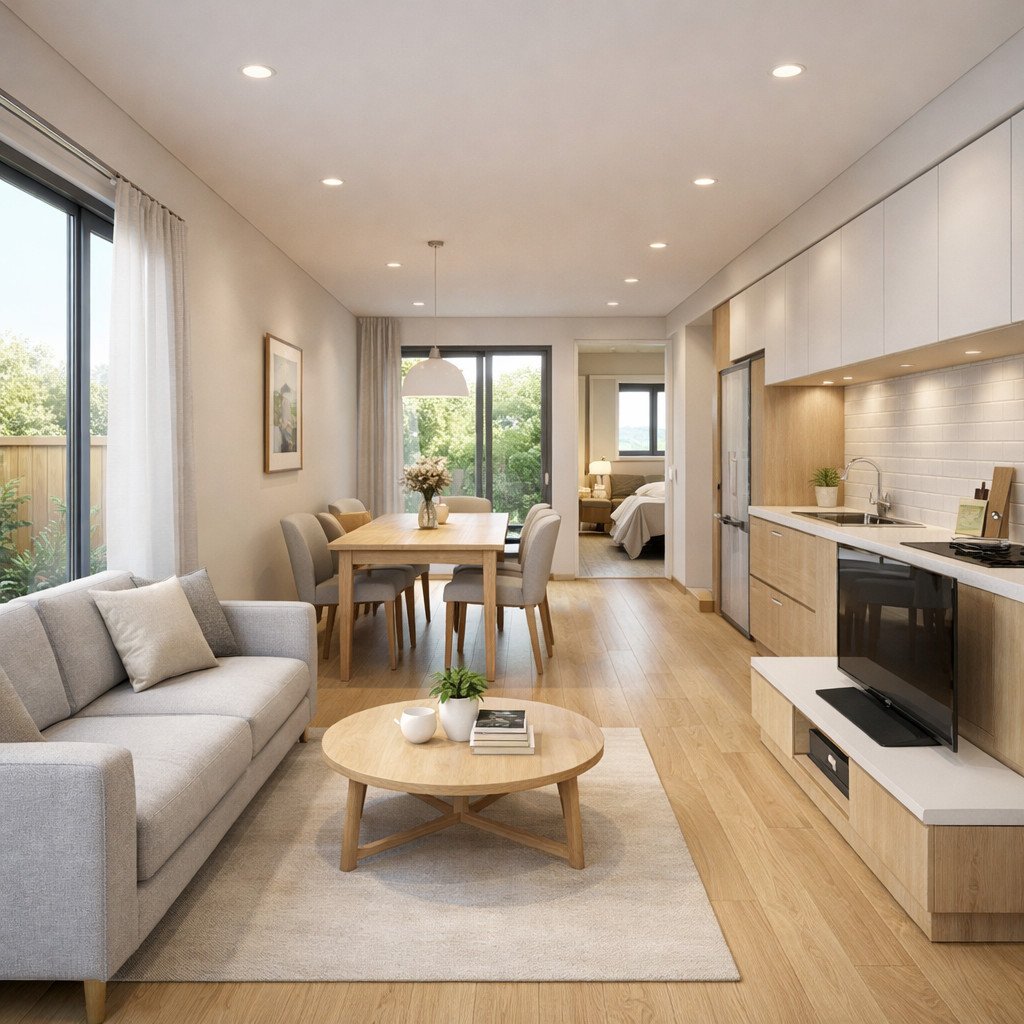 desain rumah 6x10 memanjang bergaya Scandinavian yang terang dan menyatu