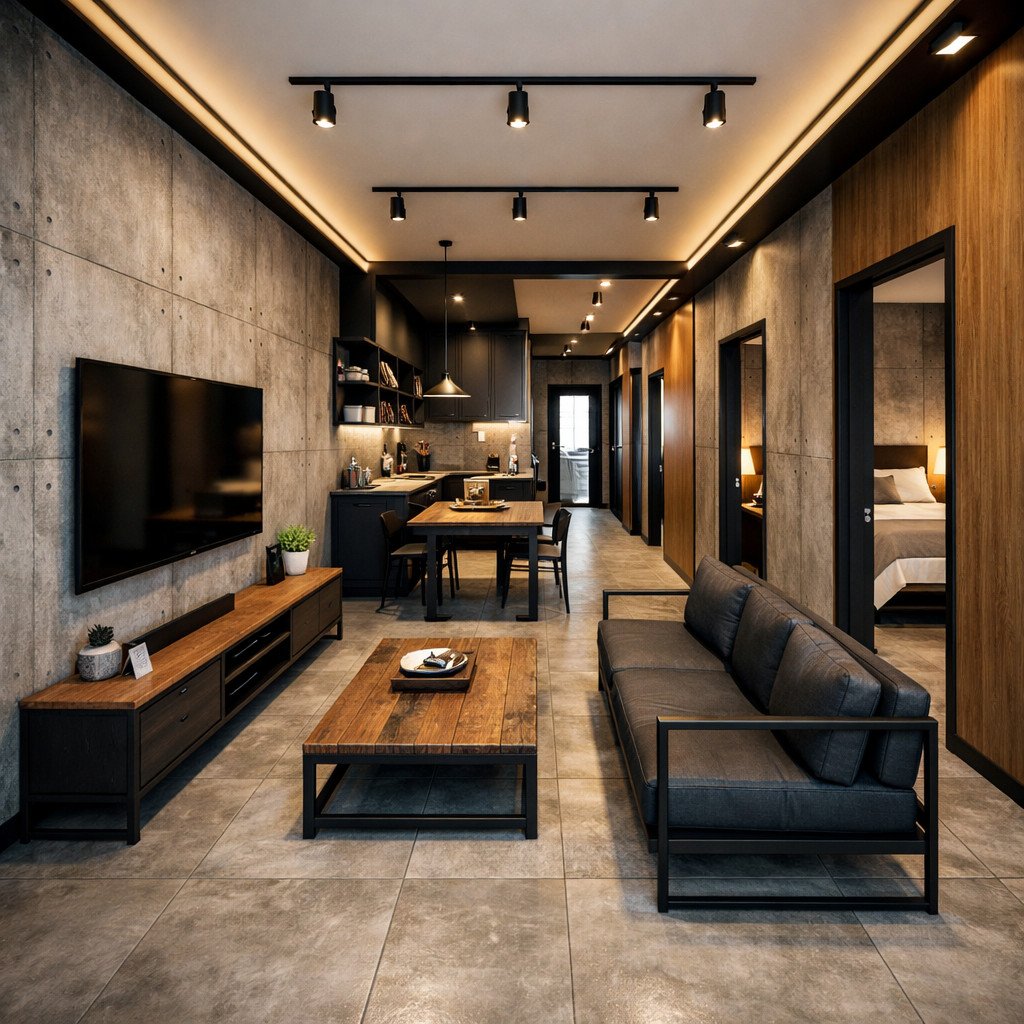 desain rumah 6x10 memanjang industrial yang dinamis dan berkarakter kuat