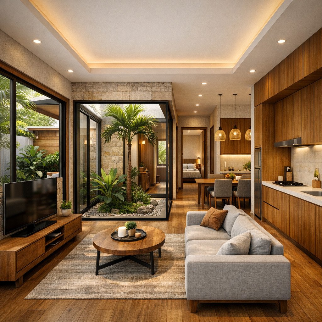 desain rumah 6x10 memanjang tropis biophilic dengan cahaya alami maksimal