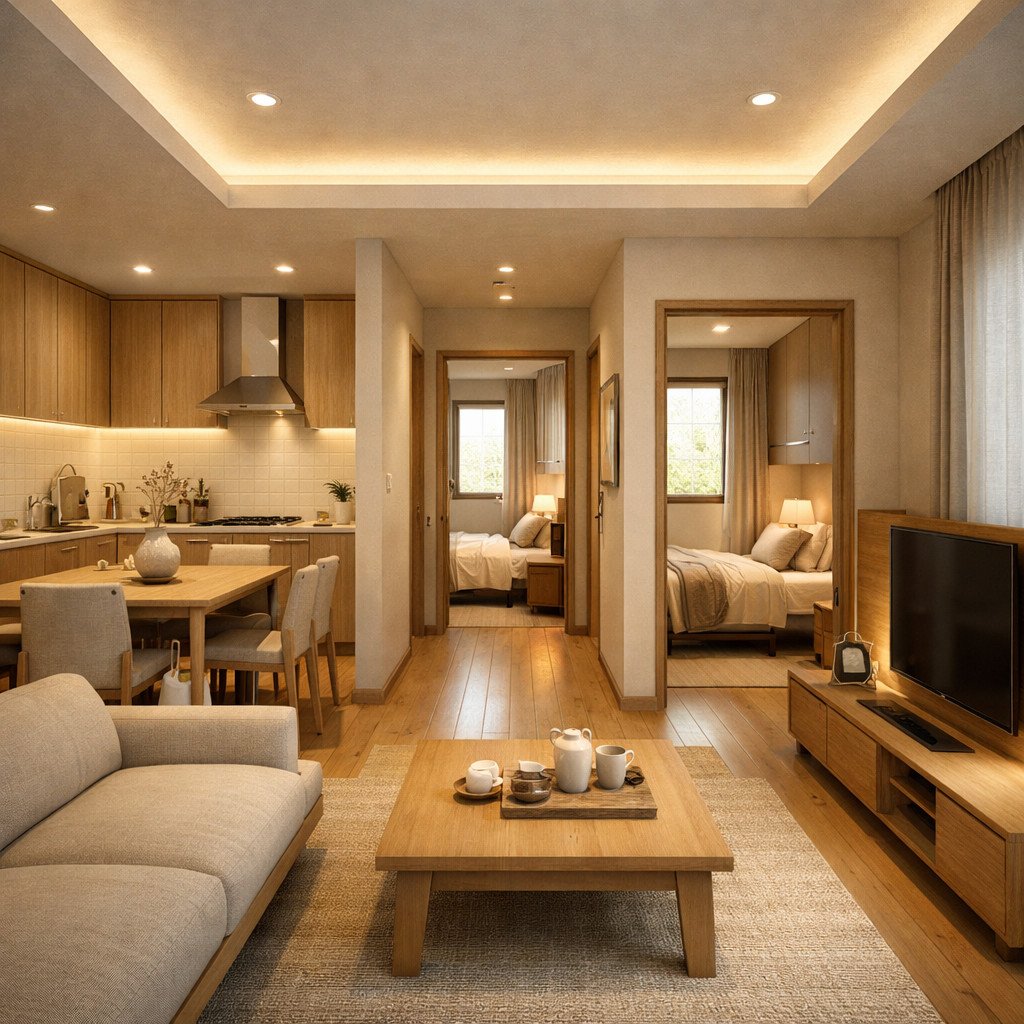 desain rumah 6x12 Japandi hangat yang tenang dan intimate