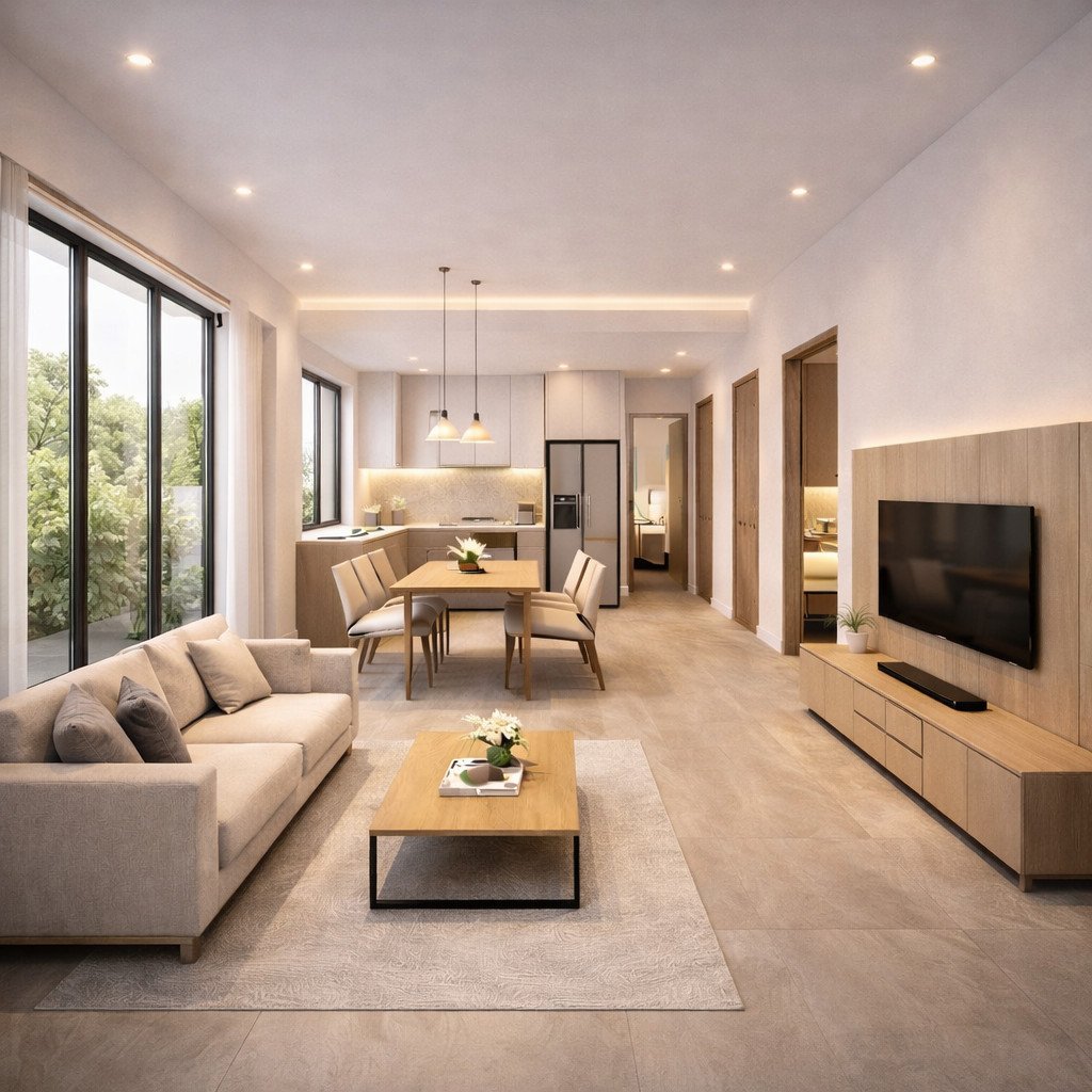 desain rumah 6x12 Scandinavian terang dengan open plan lega dan fungsional