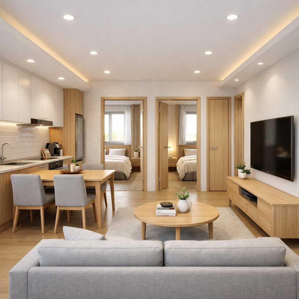 desain rumah 6x8 kamar 2 Scandinavian yang terang dan efisien